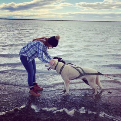 person bends to pet dog